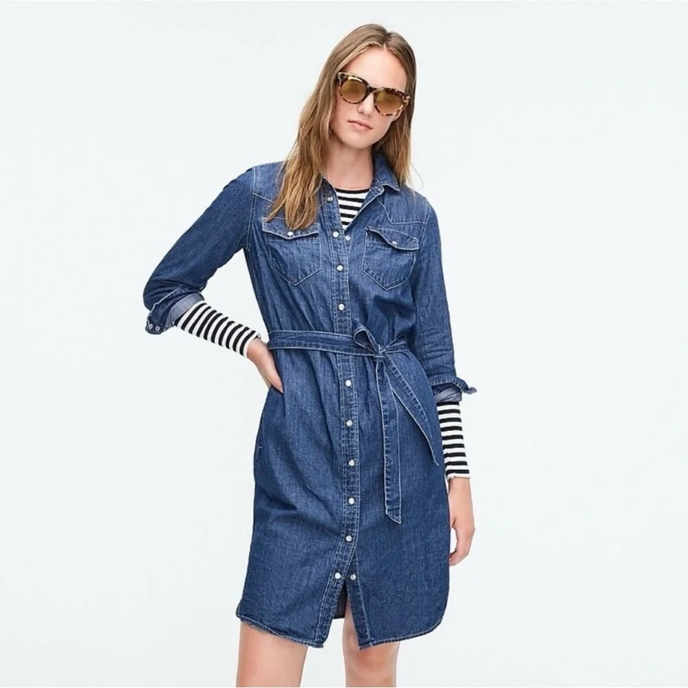 J.Crew Denim Shirt Dress Belted Western Snap Front Cotton Size 4 Style #M0535